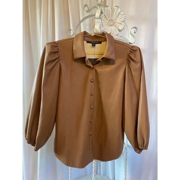 Andrew Marc Shirt Vegan Leather Button Down Puffed 3/4 Sleeves Caramel Small - Picture 1 of 10